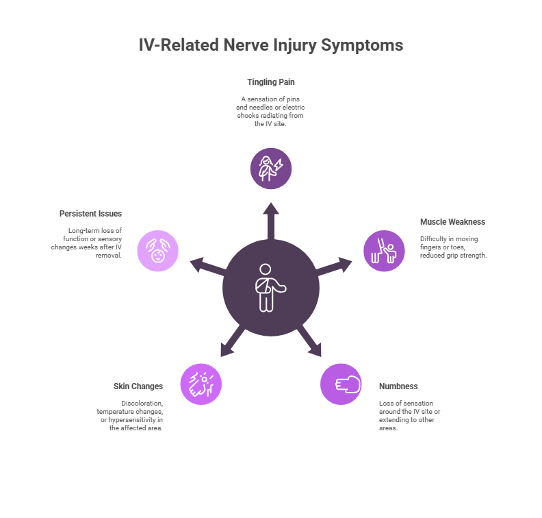 Symptoms of IV-related nerve injury like tingling pain, muscle weakness, persistent issues, skin changes and numbness.